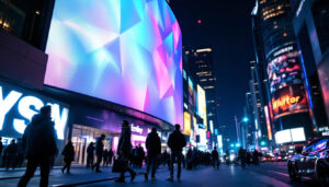 A photograph of a vibrant led display in a bustling urban setting