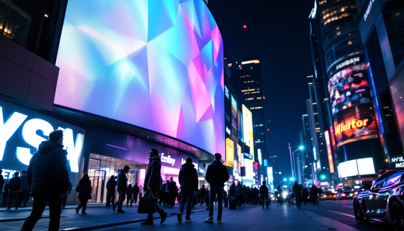 A photograph of a vibrant led display in a bustling urban setting