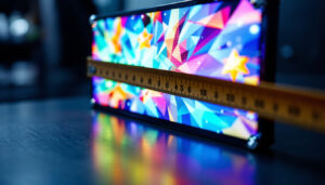 A photograph of a sleek led display showcasing a vibrant rectangular graphic