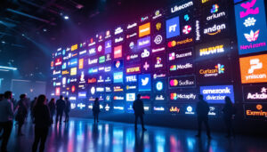 A photograph of a vibrant logo wall featuring an array of illuminated led displays
