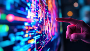 A photograph of a close-up view of a vibrant led display showcasing a colorful graphic or animation