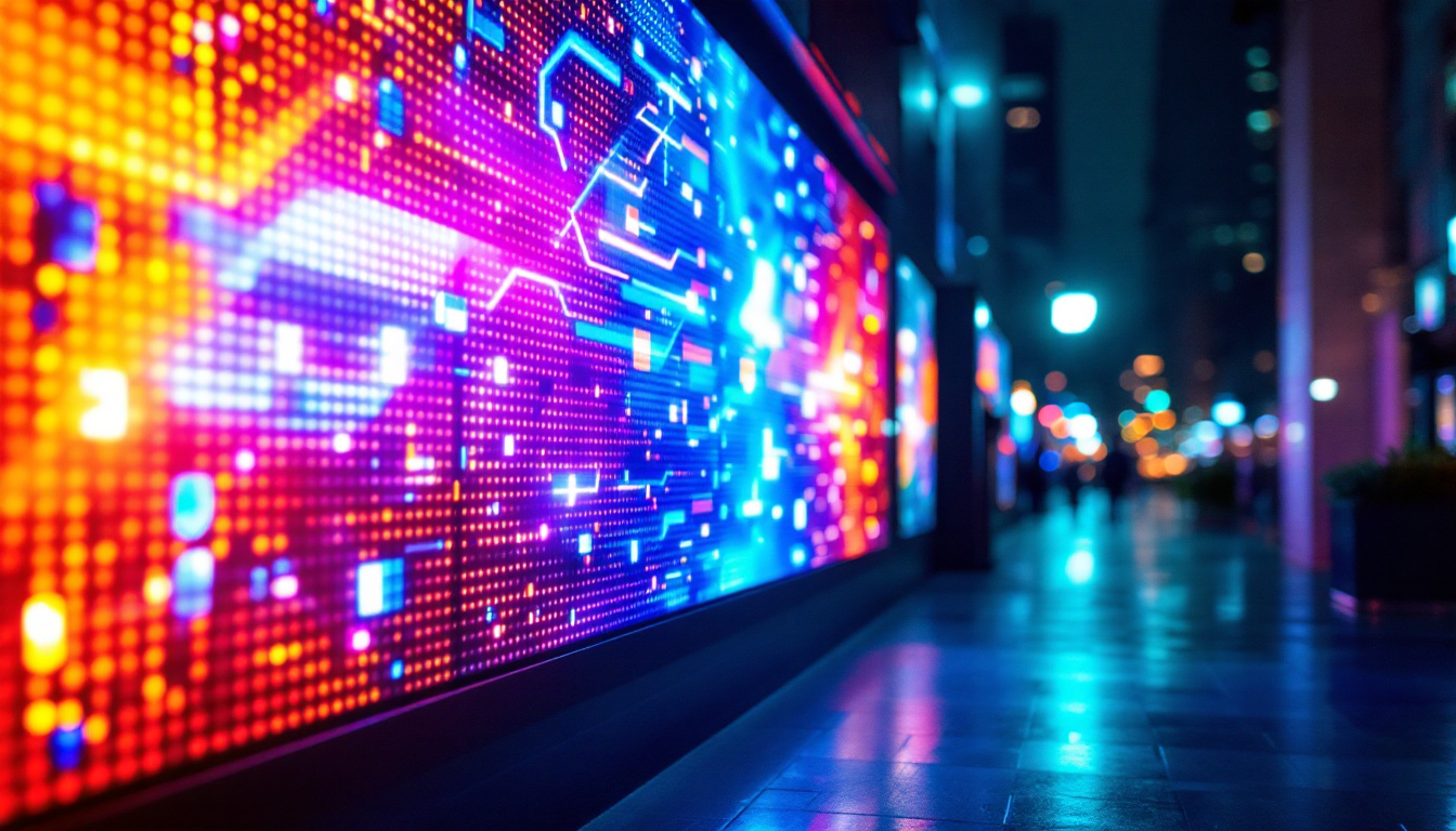 A photograph of a vibrant led display in an urban setting at night