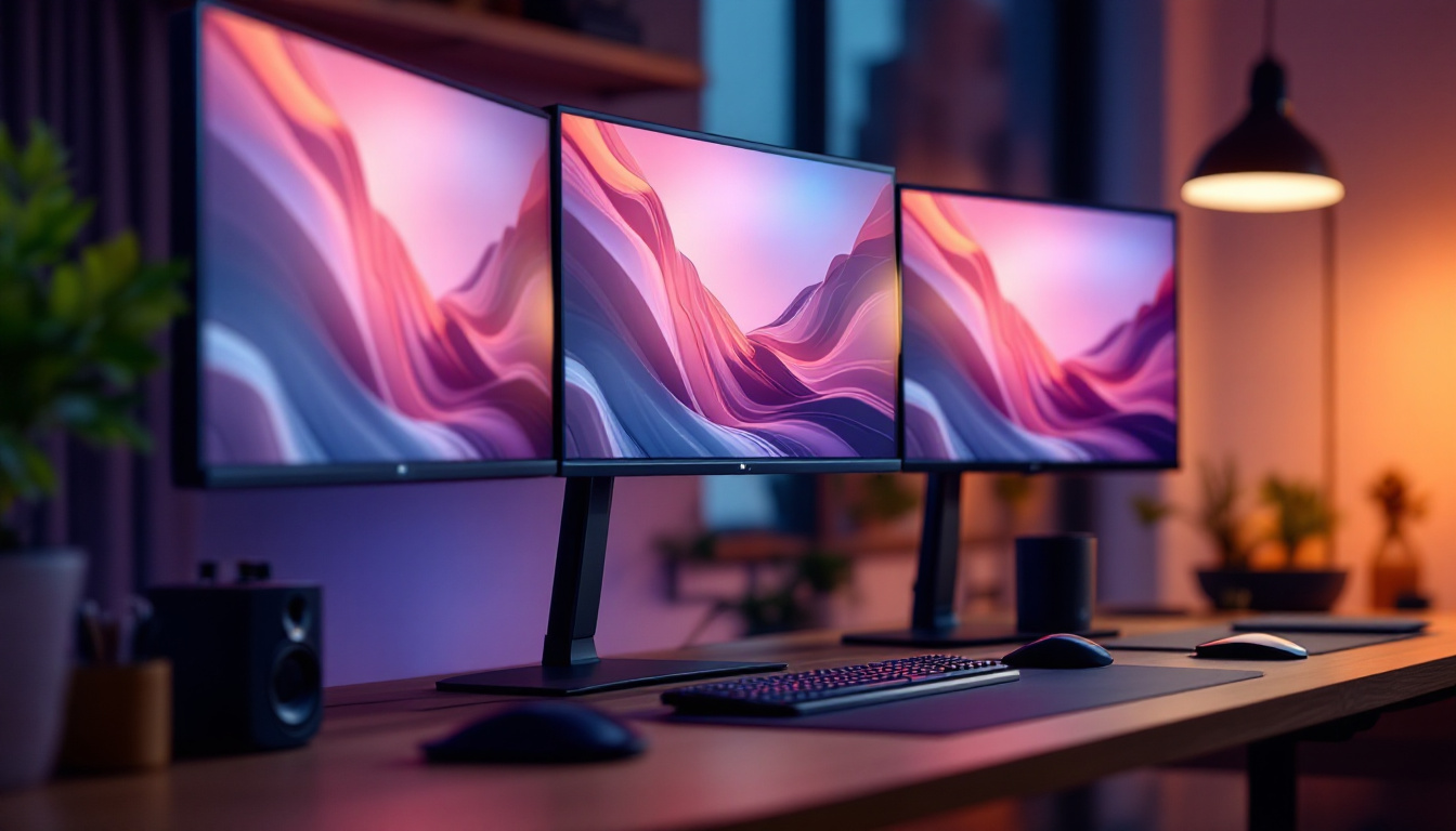 A photograph of capture a photograph of a sleek triple monitor stand showcasing three vibrant led displays in a modern workspace