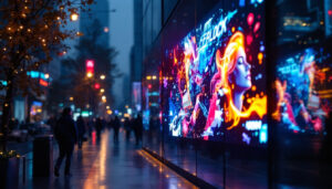 A photograph of a vibrant led display showcasing dynamic artwork or a digital installation in an urban setting