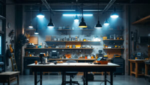 A photograph of a well-lit workshop or garage featuring various 110v led shop lights in use