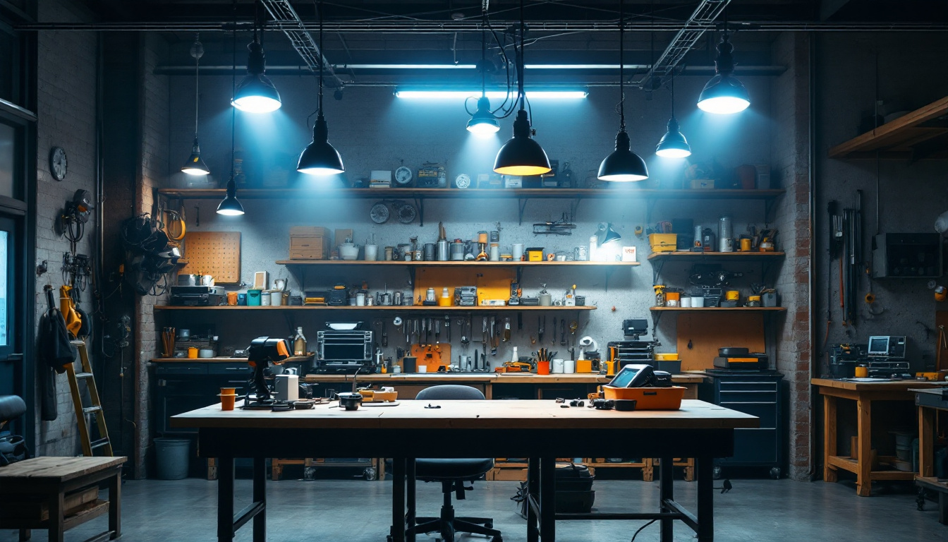 A photograph of a well-lit workshop or garage featuring various 110v led shop lights in use