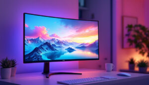 A photograph of a high-resolution led monitor displaying vibrant