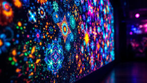 A photograph of a vibrant wall projection light display illuminating a textured surface