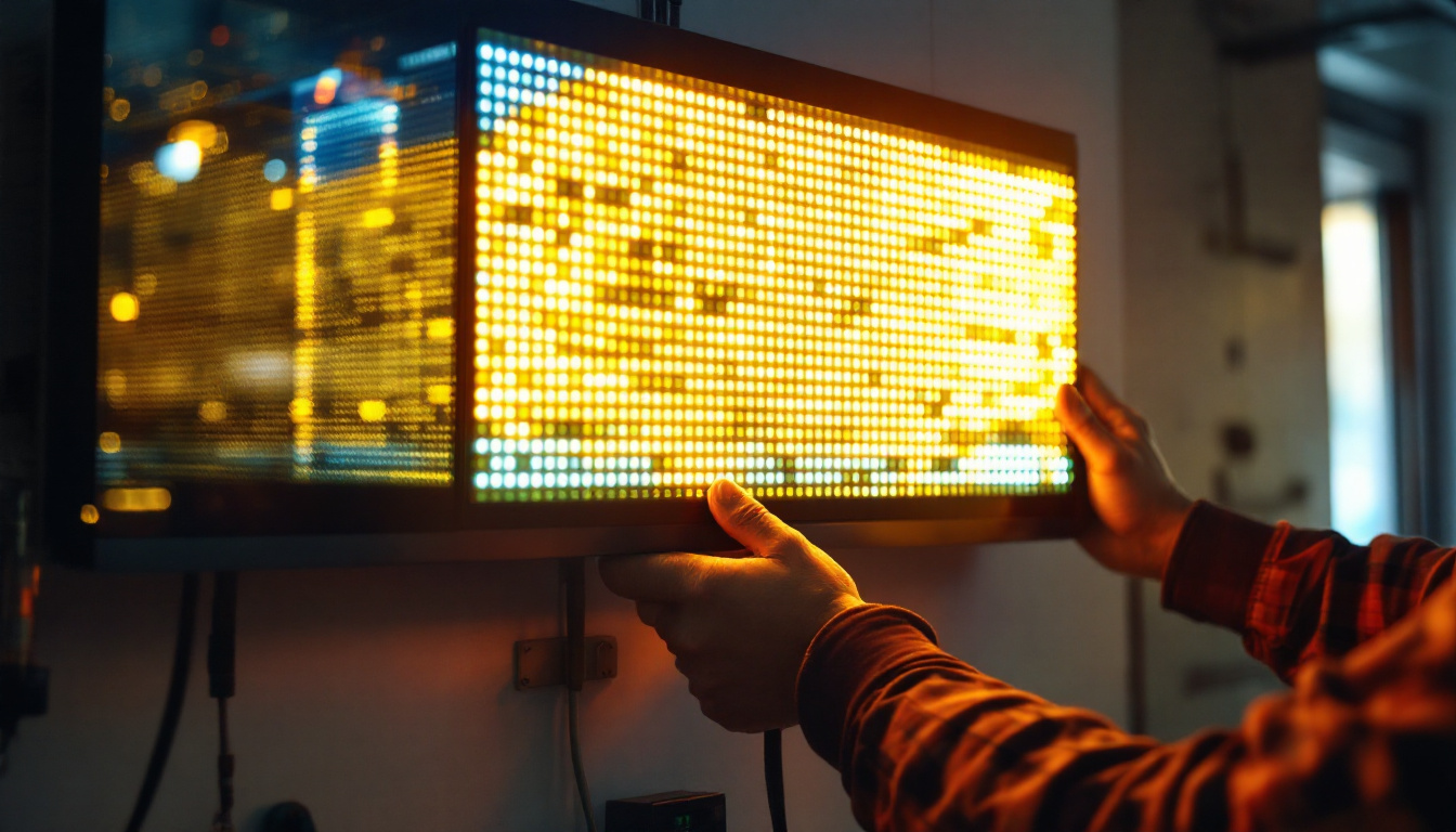 A photograph of a professional installing or replacing an led display on a wall