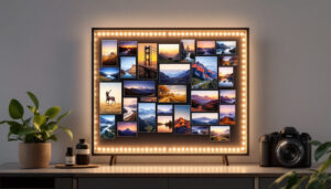 A photograph of a stylish free-standing photo display board illuminated by soft led lights