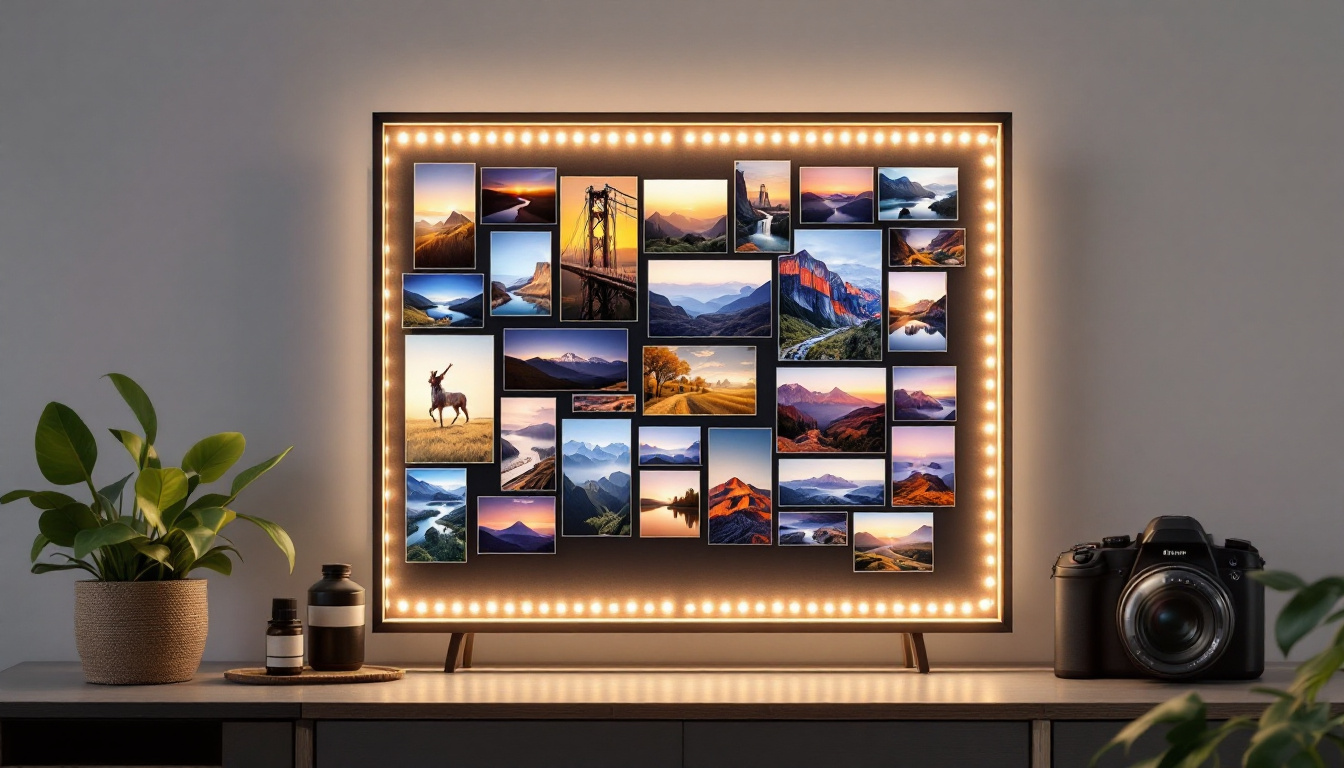 A photograph of a stylish free-standing photo display board illuminated by soft led lights