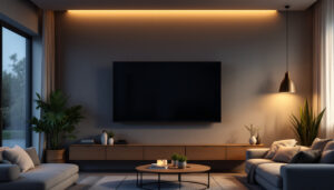 A photograph of a modern living room featuring a 32-inch led tv mounted on the ceiling