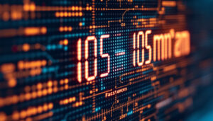 A photograph of a close-up shot of a digital led display showing a measurement conversion from 105 mm to inches