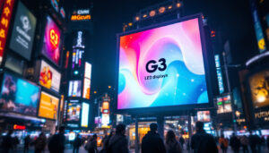 A photograph of a vibrant led display in a bustling urban environment