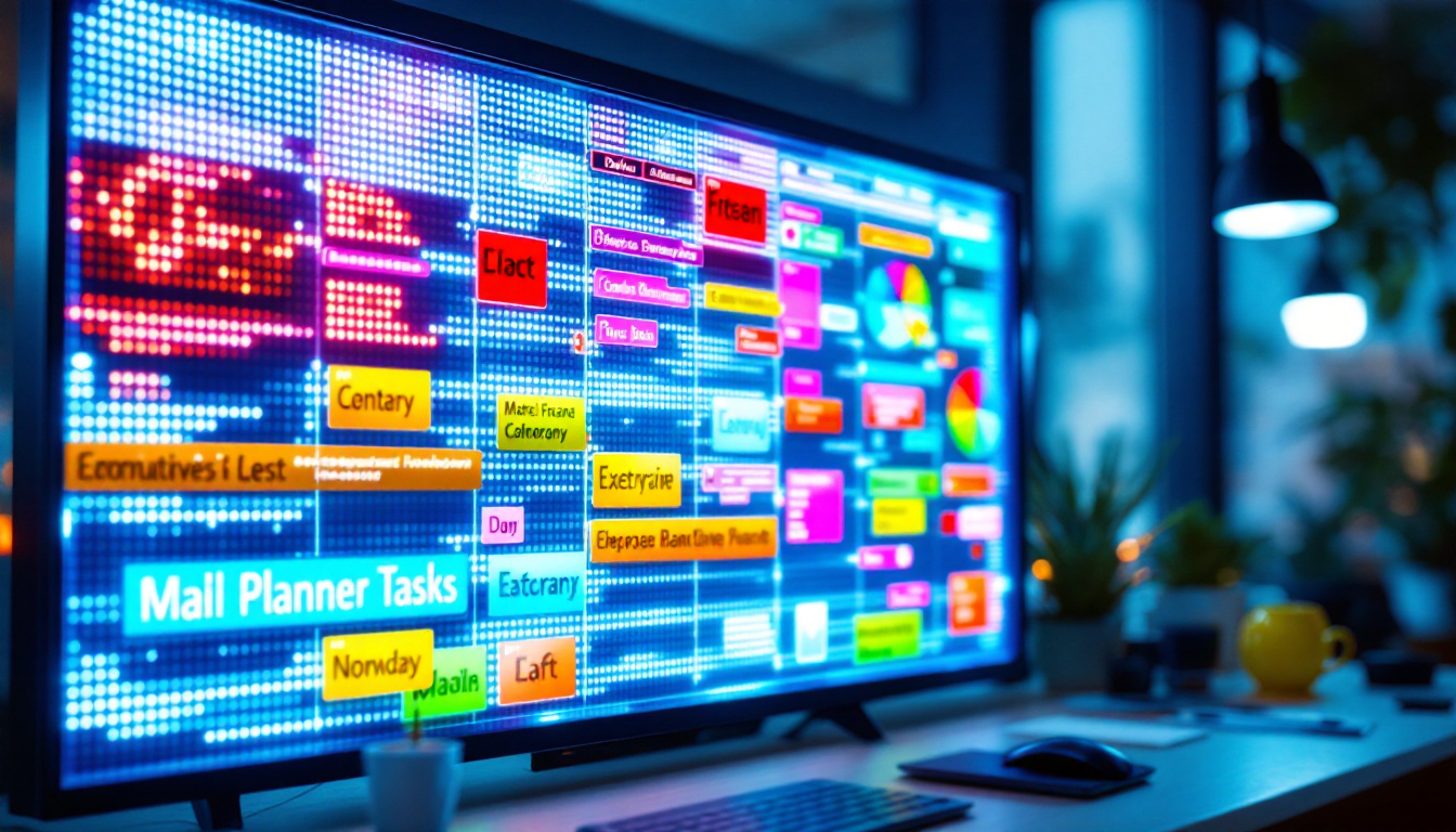 A photograph of a vibrant planner board with a clear led display showcasing colorful