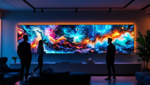 A photograph of a vibrant and engaging triple 55'' video wall display in a modern setting