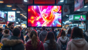 A photograph of a vibrant led display in a bustling market setting