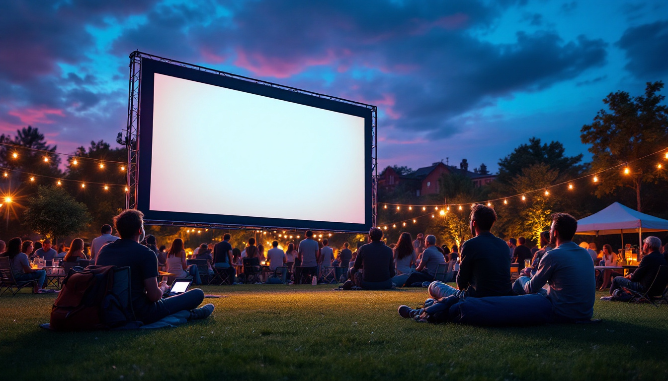 A photograph of a vibrant outdoor setting featuring a projector screen stand with an led display in use