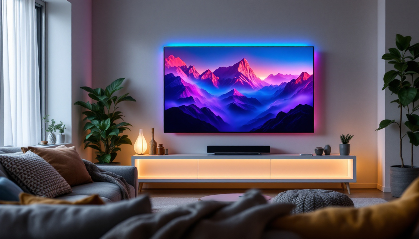 A photograph of a cozy living room setup featuring a 65-inch led tv
