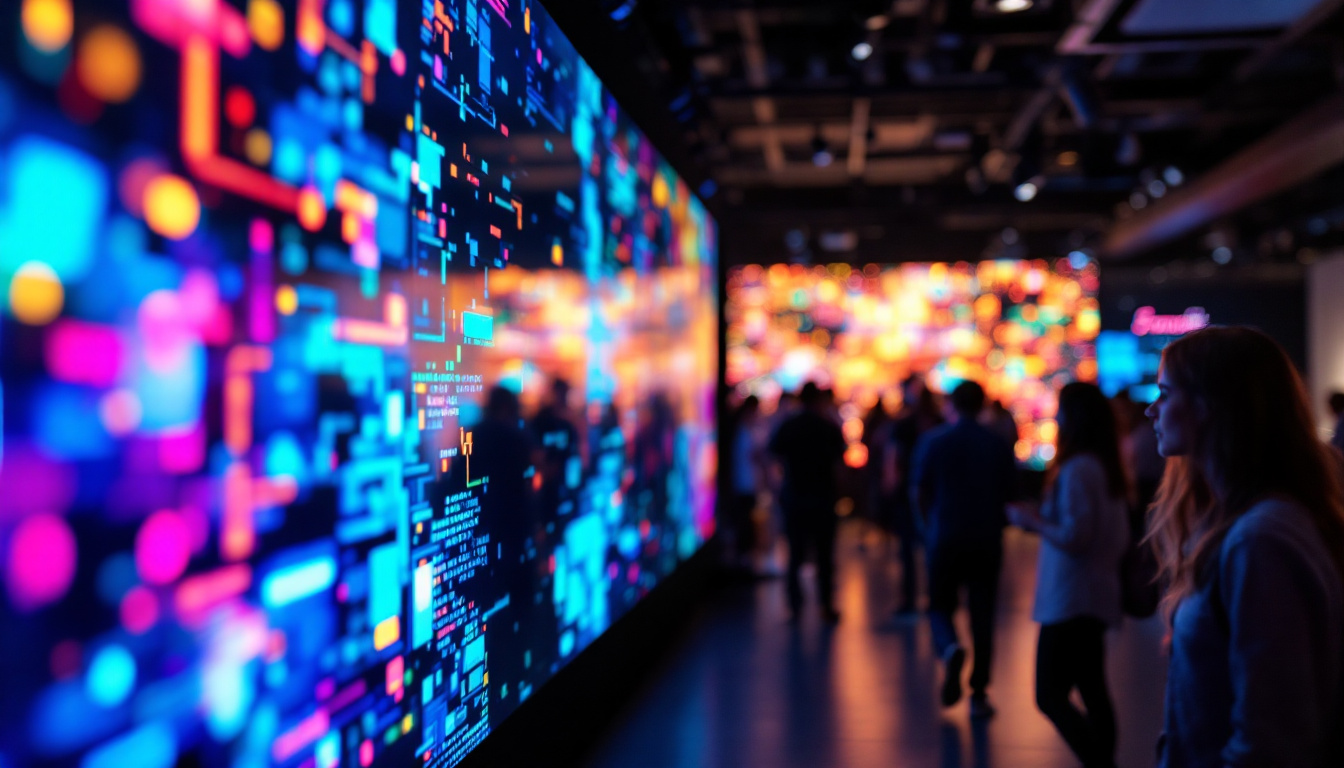 A photograph of a vibrant and dynamic video wall in an engaging setting
