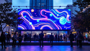 A photograph of capture a photograph of a vibrant led display showcasing dynamic visuals and information in a bustling area of plano