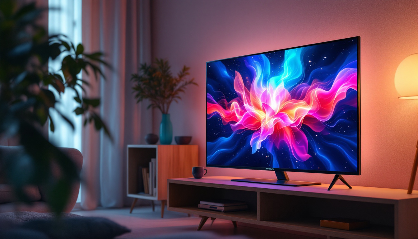 A photograph of a sleek 32-inch led tv monitor displaying vibrant visuals in a modern living room setting