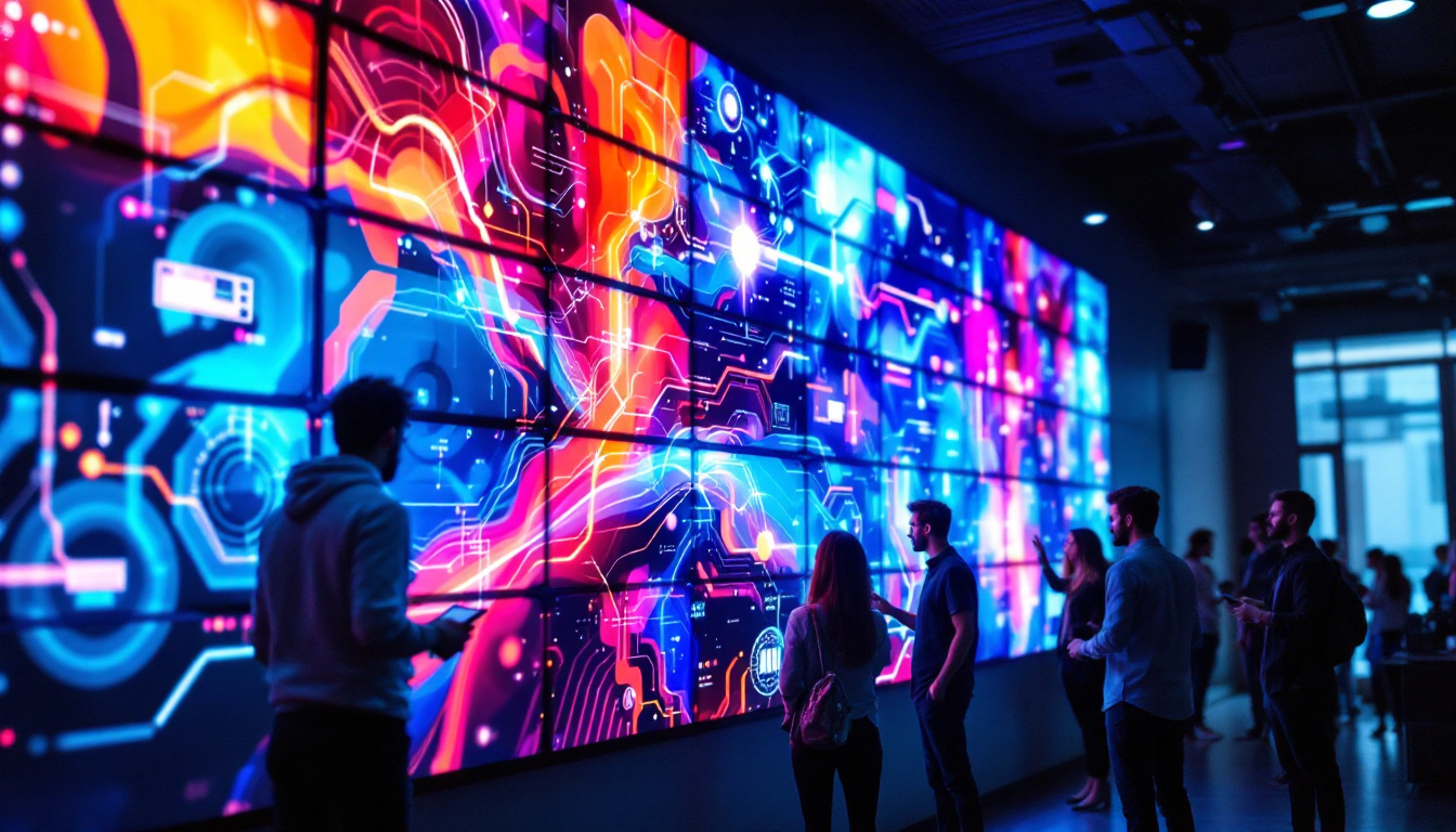 A photograph of a vibrant video wall matrix in a modern setting