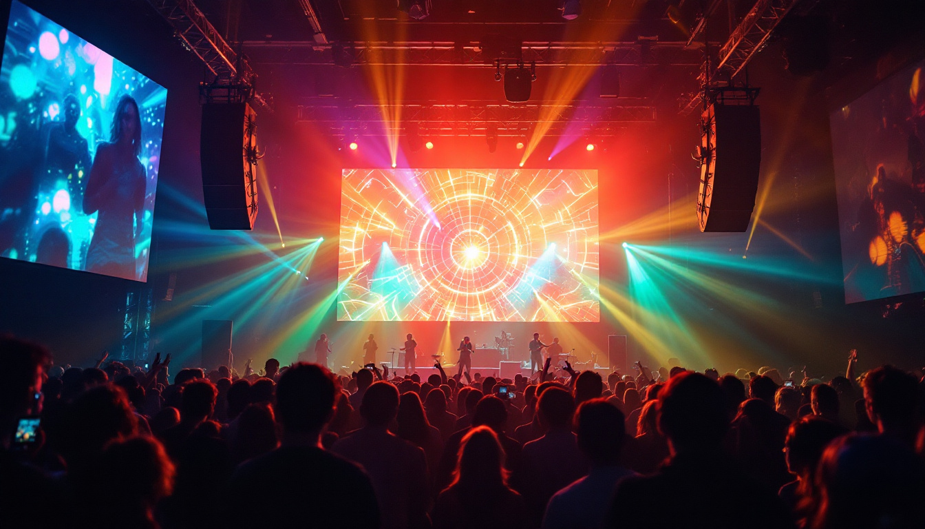 A photograph of a vibrant led display in a bustling nyc venue