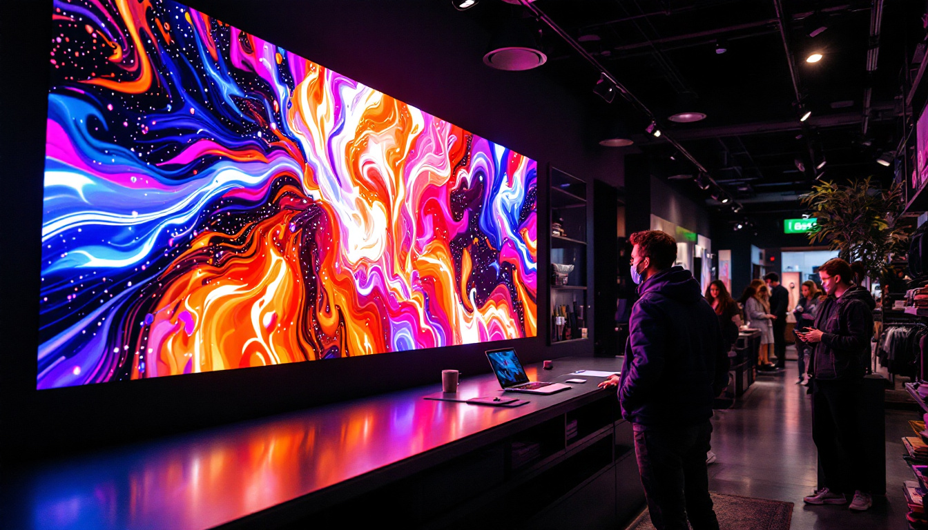 A photograph of a vibrant led display showcasing dynamic visuals and colors in a retail environment