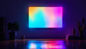 A photograph of a vibrant led light panel in a dimly lit environment
