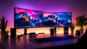 A photograph of capture a photograph of a dual desk monitor setup featuring sleek led displays