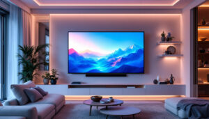A photograph of a modern living room featuring a large led wall tv