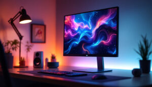 A photograph of a sleek computer setup featuring an lcd monitor displaying vibrant graphics