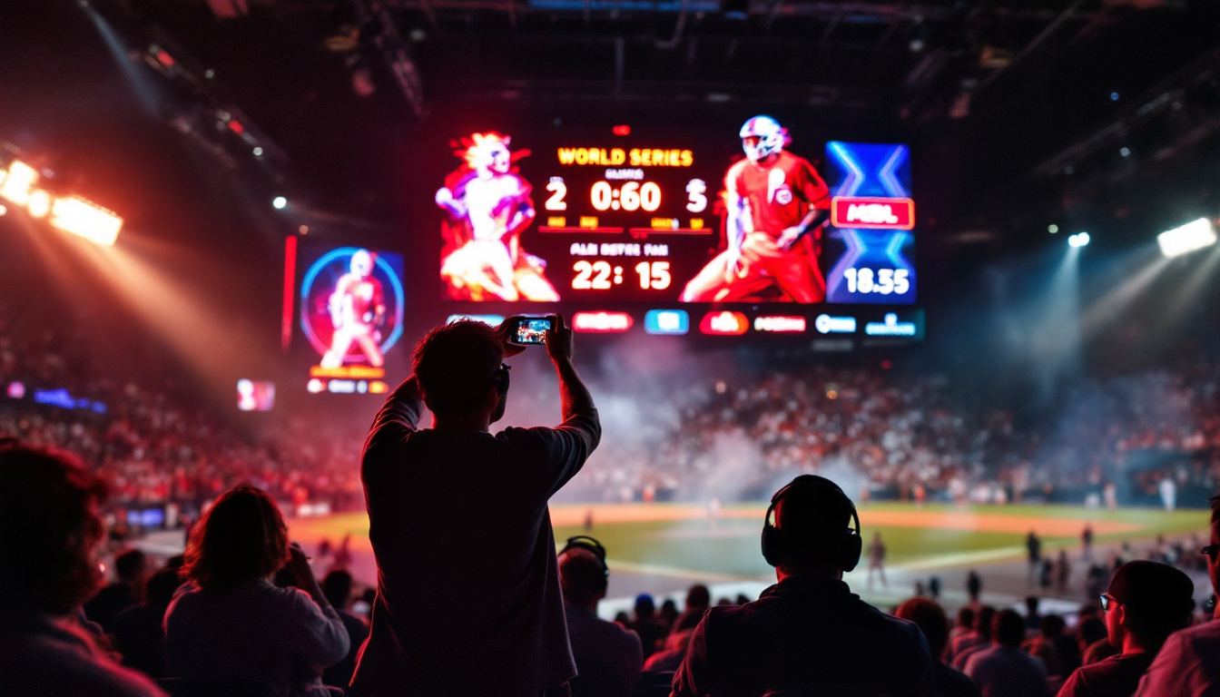 A photograph of capture a photograph of a vibrant led display showcasing dynamic graphics and scores during a thrilling moment of the msbl world series