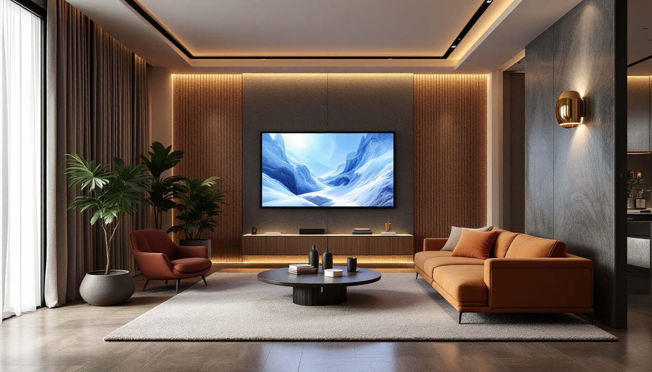 A photograph of a stylish rectangular long narrow living room featuring a modern led display