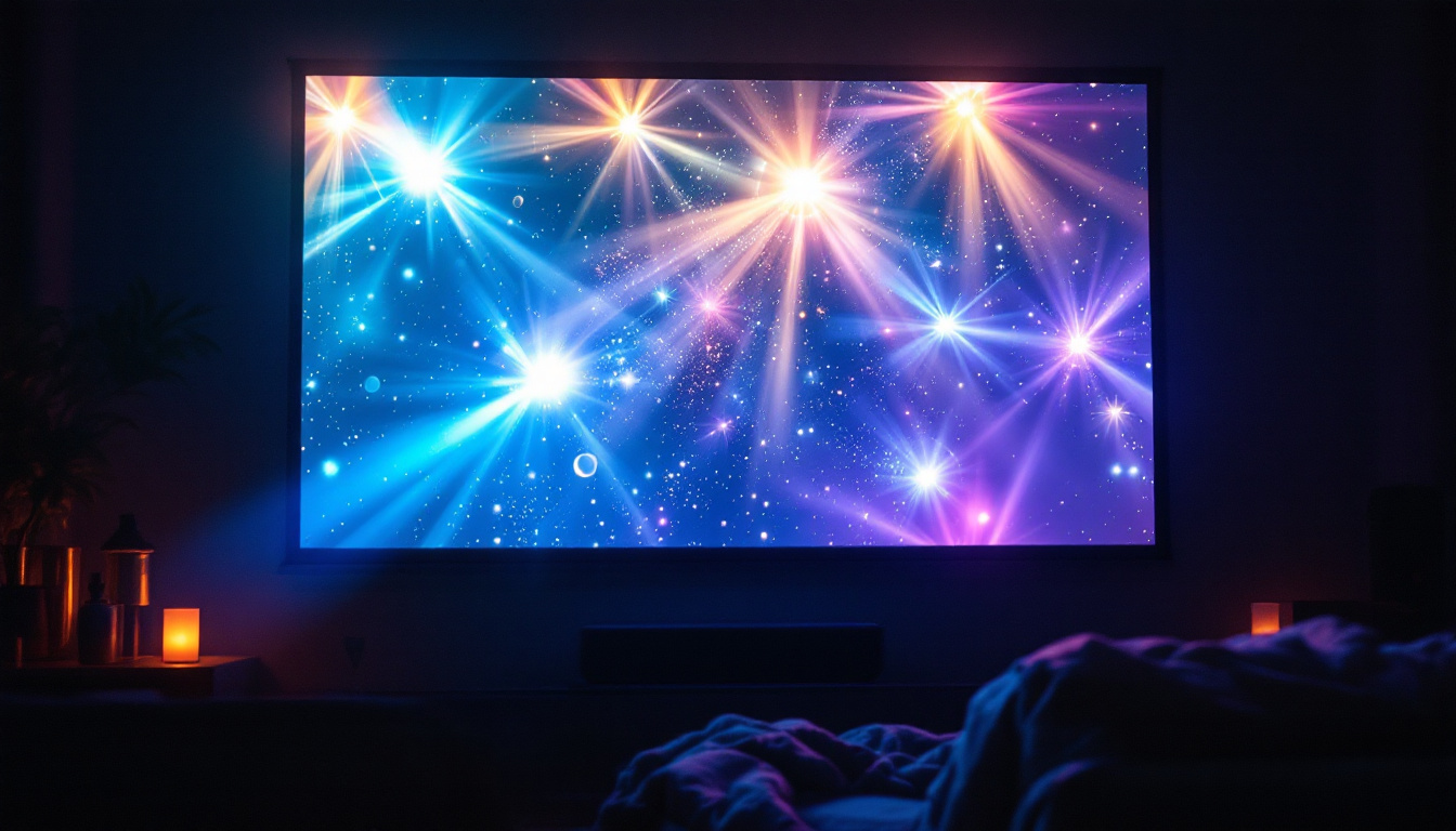 A photograph of a vibrant projector screen illuminated by colorful led lights in a darkened room