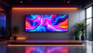 A photograph of a vibrant led wall display in a modern setting