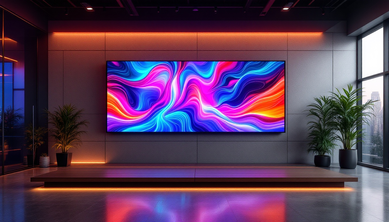 A photograph of a vibrant led wall display in a modern setting