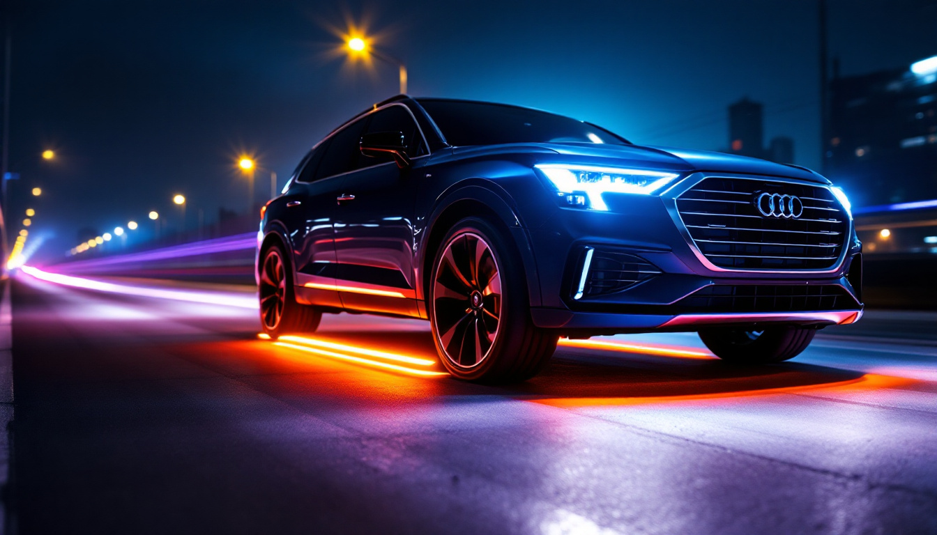 A photograph of a sleek vehicle with illuminated led running boards in a dynamic nighttime setting