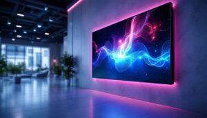 A photograph of a well-lit interior space showcasing a modern led display seamlessly integrated into a stylish wall