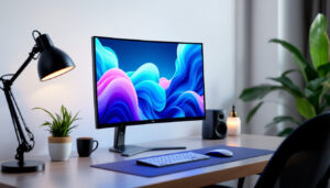 A photograph of capture a photograph of a sleek curved bezel-less monitor displaying vibrant