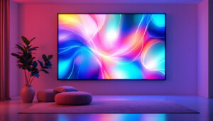 A photograph of a vibrant and visually striking large rectangular led wall art piece displayed in an aesthetically pleasing environment
