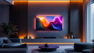 A photograph of a stylish living room featuring a modern tv wall cabinet with an led display