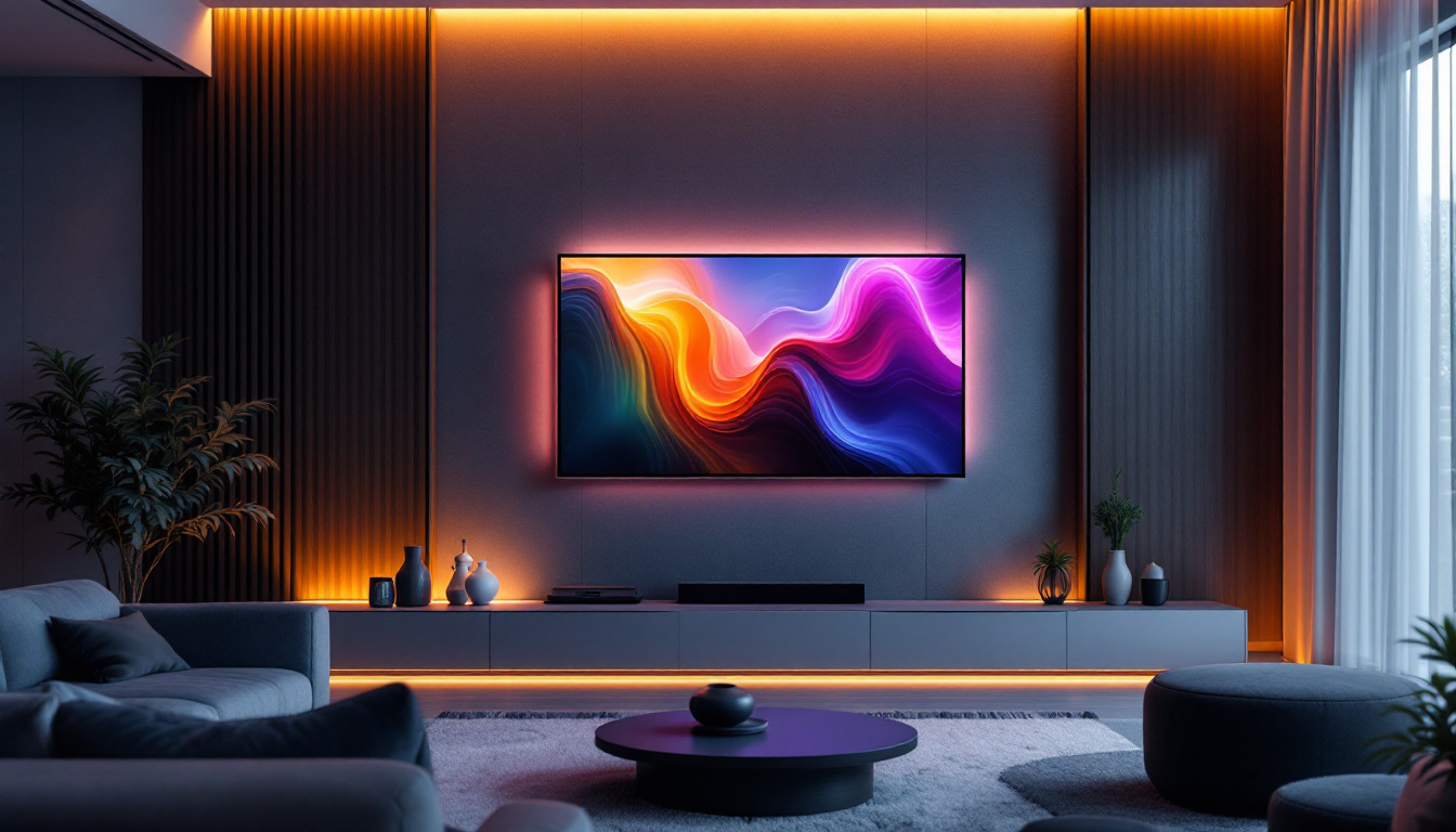 A photograph of a stylish living room featuring a modern tv wall cabinet with an led display