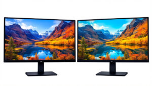 A photograph of a side-by-side comparison of two monitors displaying vibrant images