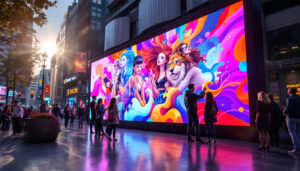 A photograph of a vibrant led display in a bustling urban environment