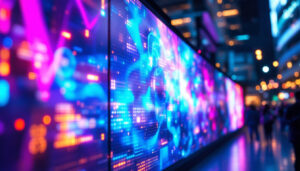 A photograph of a vibrant led display showcasing dynamic colors and patterns