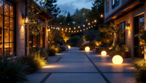 A photograph of a beautifully illuminated outdoor space featuring various led lighting fixtures