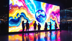A photograph of a vibrant led display in a dynamic setting