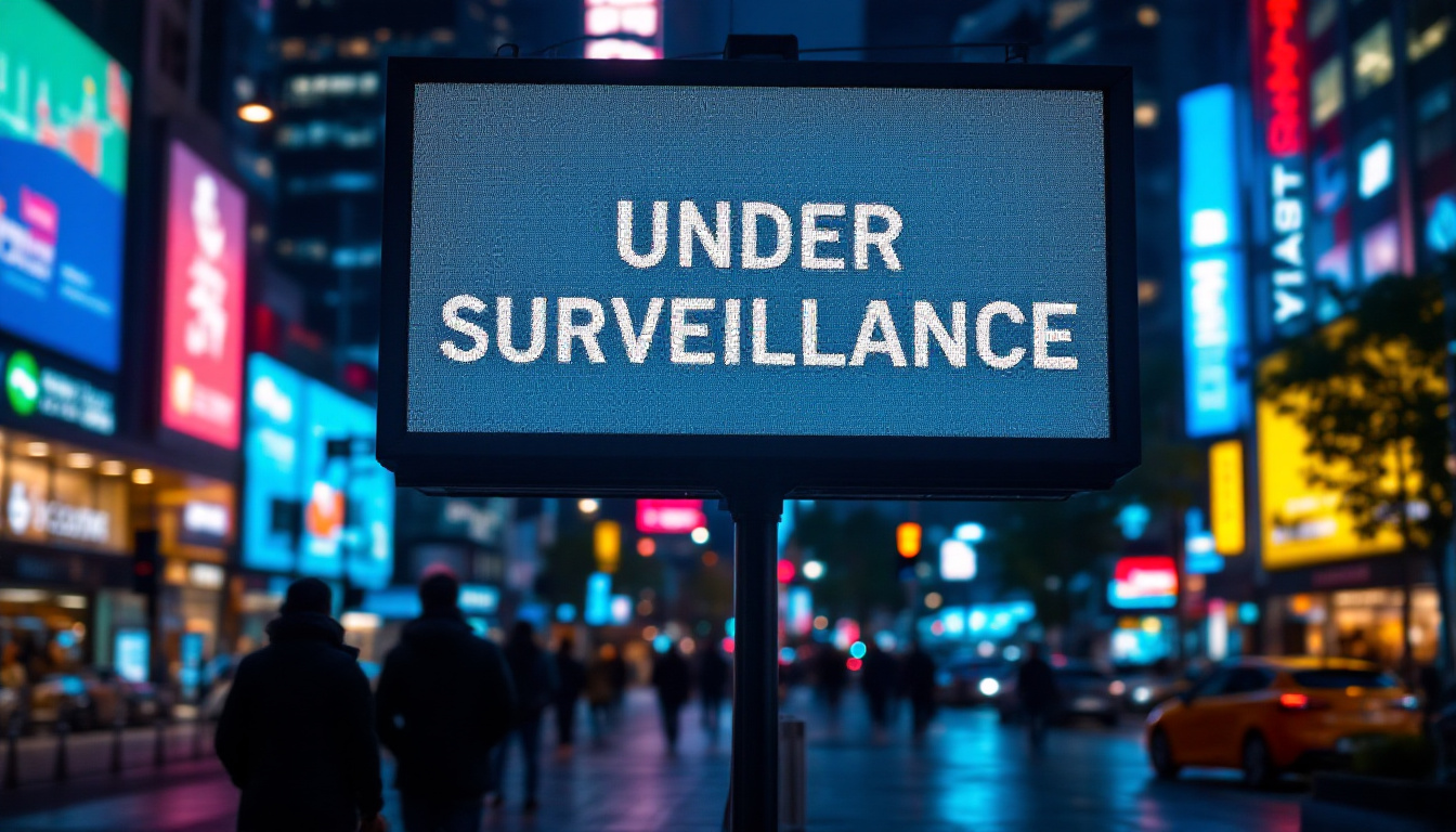 A photograph of a vibrant led display board prominently featuring "under surveillance" signs in an urban setting